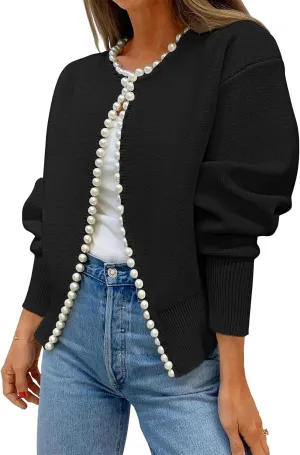 Kedera Womens Casual Pearl Cardigan 2025 Spring Elegant Embellished Long Sleeve Oversized Knit Sweater