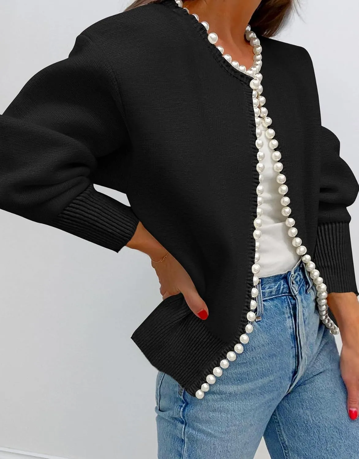 Kedera Womens Casual Pearl Cardigan 2025 Spring Elegant Embellished Long Sleeve Oversized Knit Sweater