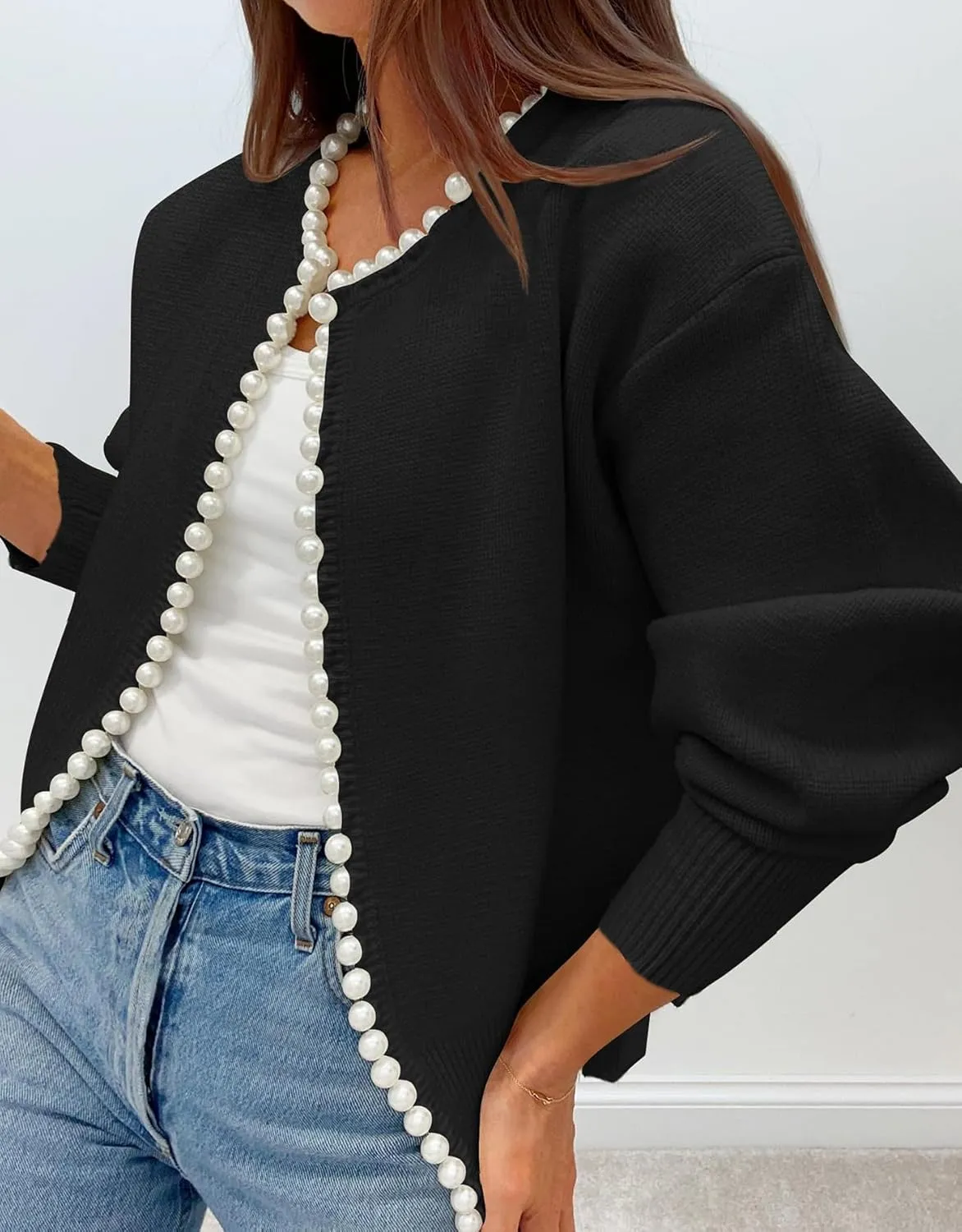 Kedera Womens Casual Pearl Cardigan 2025 Spring Elegant Embellished Long Sleeve Oversized Knit Sweater