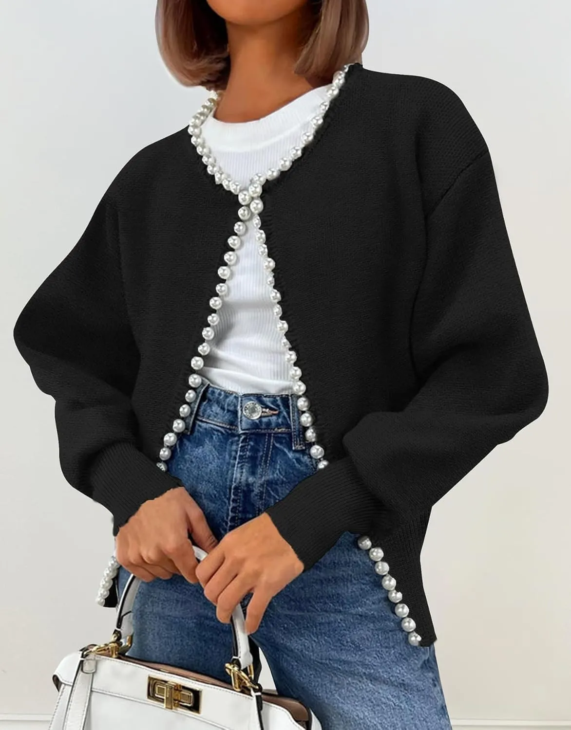 Kedera Womens Casual Pearl Cardigan 2025 Spring Elegant Embellished Long Sleeve Oversized Knit Sweater