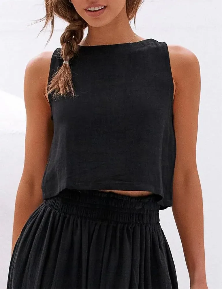 Kinghua Womens Linen Crop Tops Summer Casual Loose Cotton Linen Sleeveless Tank Top