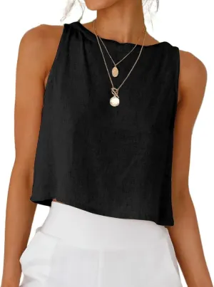 Kinghua Womens Linen Crop Tops Summer Casual Loose Cotton Linen Sleeveless Tank Top
