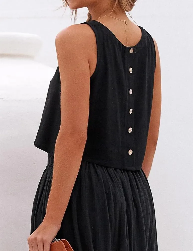 Kinghua Womens Linen Crop Tops Summer Casual Loose Cotton Linen Sleeveless Tank Top