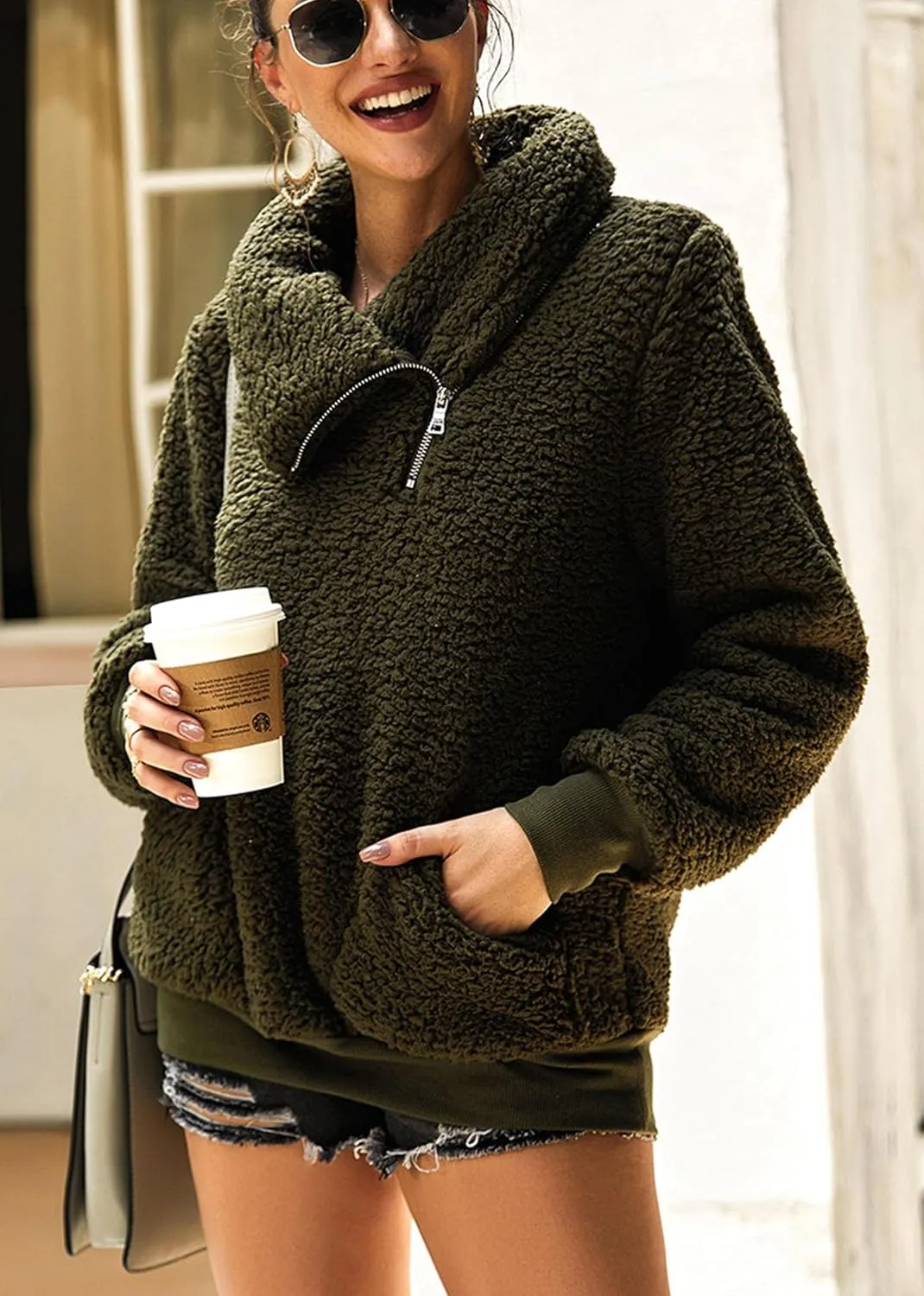 KIRUNDO Women's 2025 Winter Lapel Fuzzy Fleece Sweatshirt Faux Shearling Zipper Warm Sherpa Pullover Outwear With Pockets