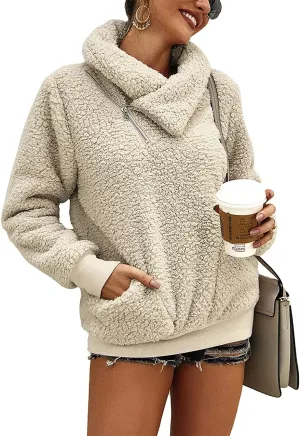 KIRUNDO Women's 2025 Winter Lapel Fuzzy Fleece Sweatshirt Faux Shearling Zipper Warm Sherpa Pullover Outwear With Pockets