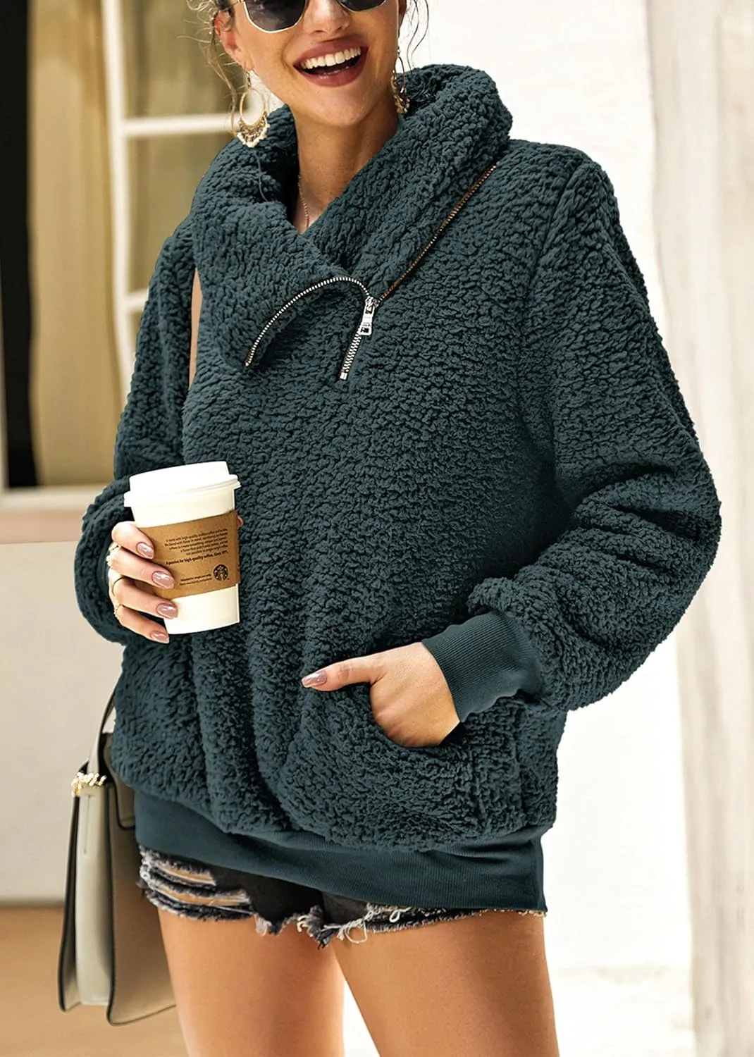 KIRUNDO Women's 2025 Winter Lapel Fuzzy Fleece Sweatshirt Faux Shearling Zipper Warm Sherpa Pullover Outwear With Pockets