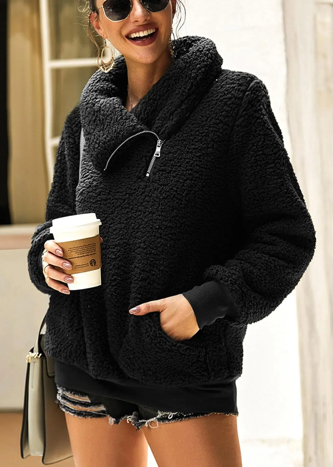 KIRUNDO Women's 2025 Winter Lapel Fuzzy Fleece Sweatshirt Faux Shearling Zipper Warm Sherpa Pullover Outwear With Pockets