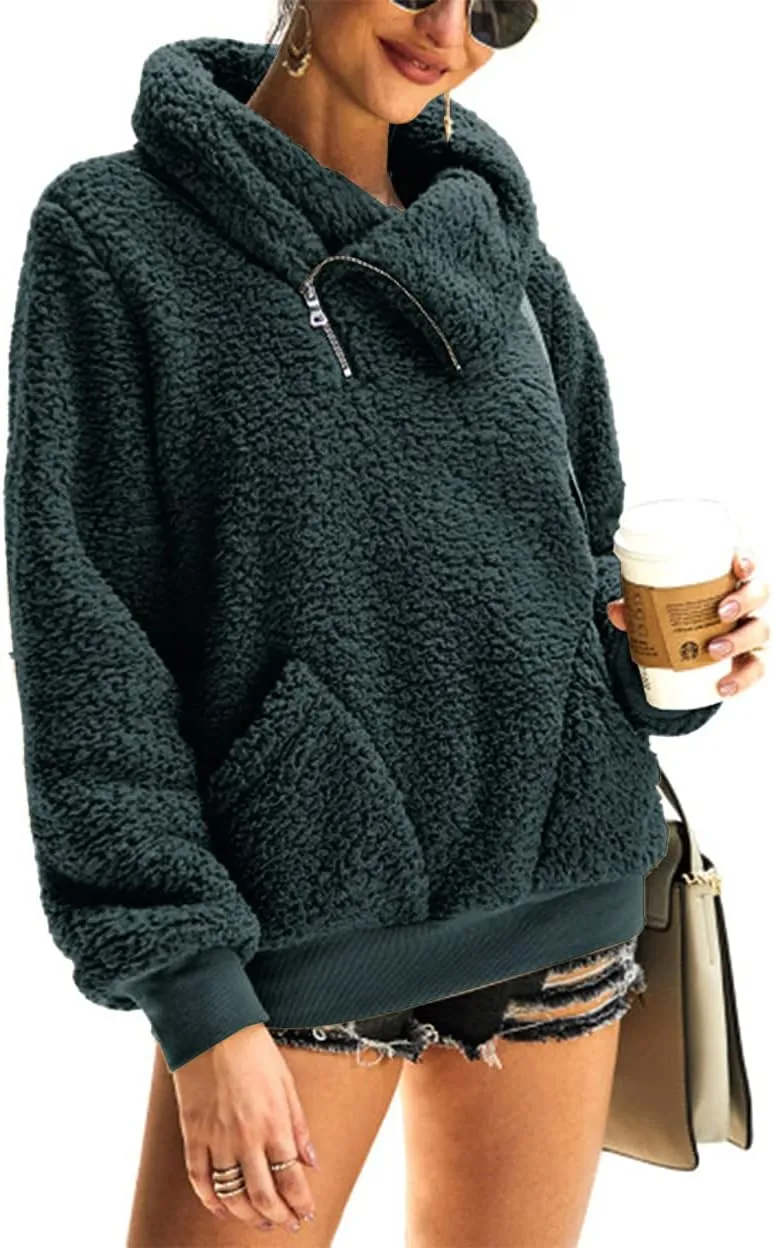 KIRUNDO Women's 2025 Winter Lapel Fuzzy Fleece Sweatshirt Faux Shearling Zipper Warm Sherpa Pullover Outwear With Pockets