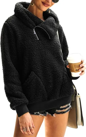 KIRUNDO Women's 2025 Winter Lapel Fuzzy Fleece Sweatshirt Faux Shearling Zipper Warm Sherpa Pullover Outwear With Pockets