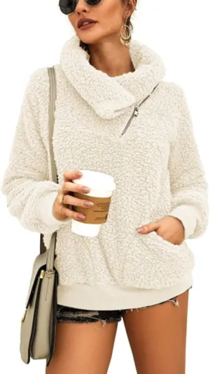 KIRUNDO Women's 2025 Winter Lapel Fuzzy Fleece Sweatshirt Faux Shearling Zipper Warm Sherpa Pullover Outwear With Pockets