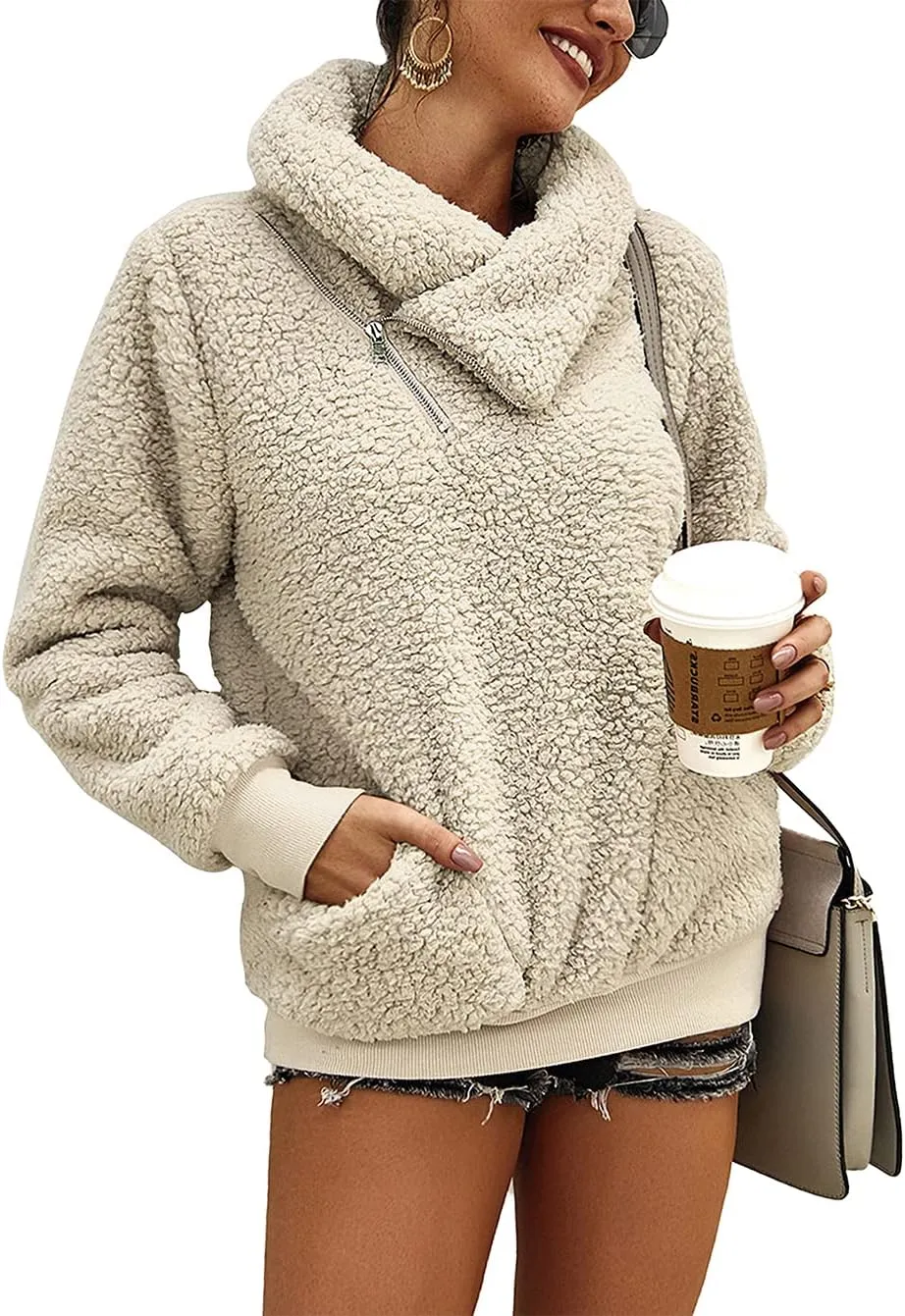 KIRUNDO Women's 2025 Winter Lapel Fuzzy Fleece Sweatshirt Faux Shearling Zipper Warm Sherpa Pullover Outwear With Pockets