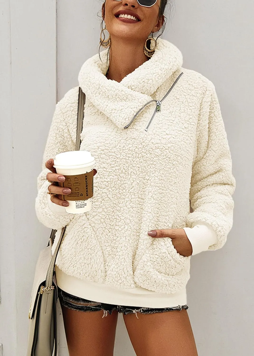 KIRUNDO Women's 2025 Winter Lapel Fuzzy Fleece Sweatshirt Faux Shearling Zipper Warm Sherpa Pullover Outwear With Pockets