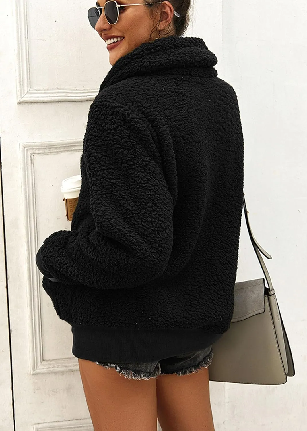 KIRUNDO Women's 2025 Winter Lapel Fuzzy Fleece Sweatshirt Faux Shearling Zipper Warm Sherpa Pullover Outwear With Pockets