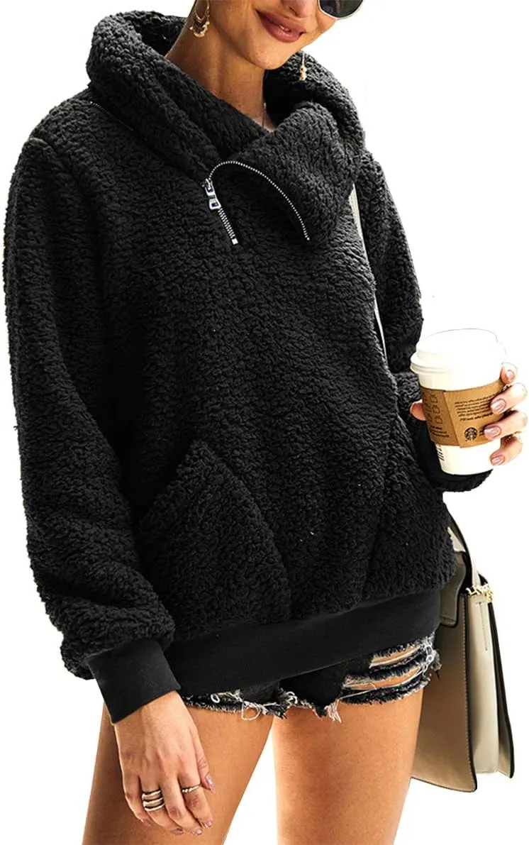 KIRUNDO Women's 2025 Winter Lapel Fuzzy Fleece Sweatshirt Faux Shearling Zipper Warm Sherpa Pullover Outwear With Pockets