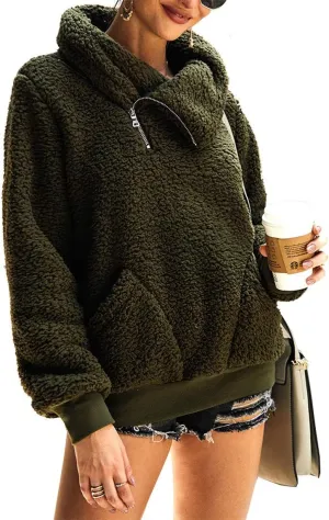 KIRUNDO Women's 2025 Winter Lapel Fuzzy Fleece Sweatshirt Faux Shearling Zipper Warm Sherpa Pullover Outwear With Pockets
