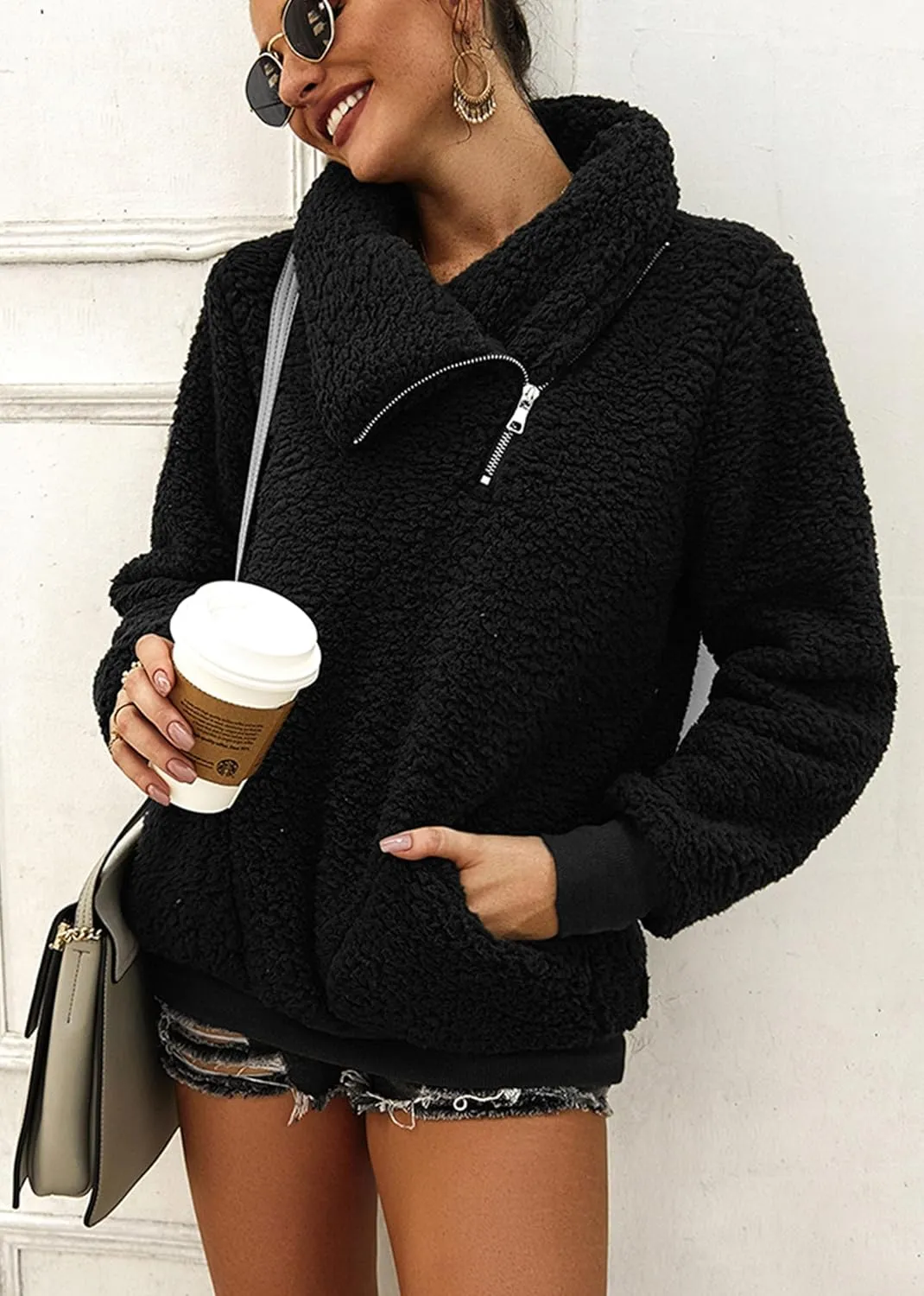 KIRUNDO Women's 2025 Winter Lapel Fuzzy Fleece Sweatshirt Faux Shearling Zipper Warm Sherpa Pullover Outwear With Pockets