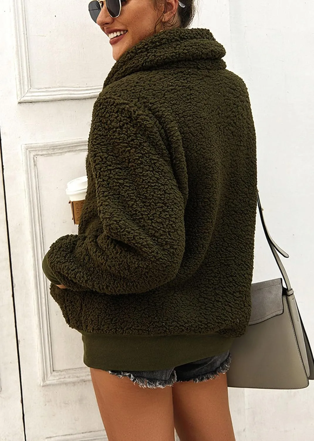 KIRUNDO Women's 2025 Winter Lapel Fuzzy Fleece Sweatshirt Faux Shearling Zipper Warm Sherpa Pullover Outwear With Pockets