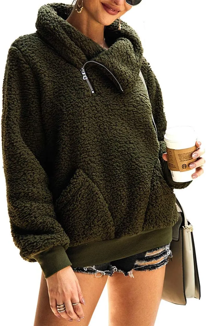 KIRUNDO Women's 2025 Winter Lapel Fuzzy Fleece Sweatshirt Faux Shearling Zipper Warm Sherpa Pullover Outwear With Pockets