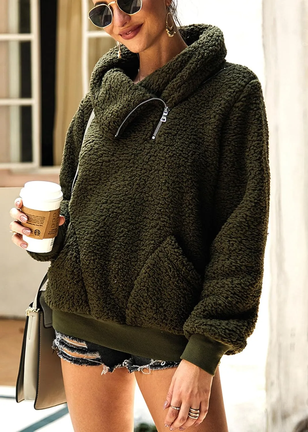 KIRUNDO Women's 2025 Winter Lapel Fuzzy Fleece Sweatshirt Faux Shearling Zipper Warm Sherpa Pullover Outwear With Pockets