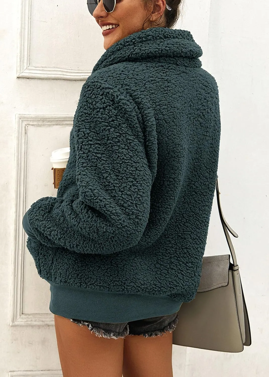 KIRUNDO Women's 2025 Winter Lapel Fuzzy Fleece Sweatshirt Faux Shearling Zipper Warm Sherpa Pullover Outwear With Pockets
