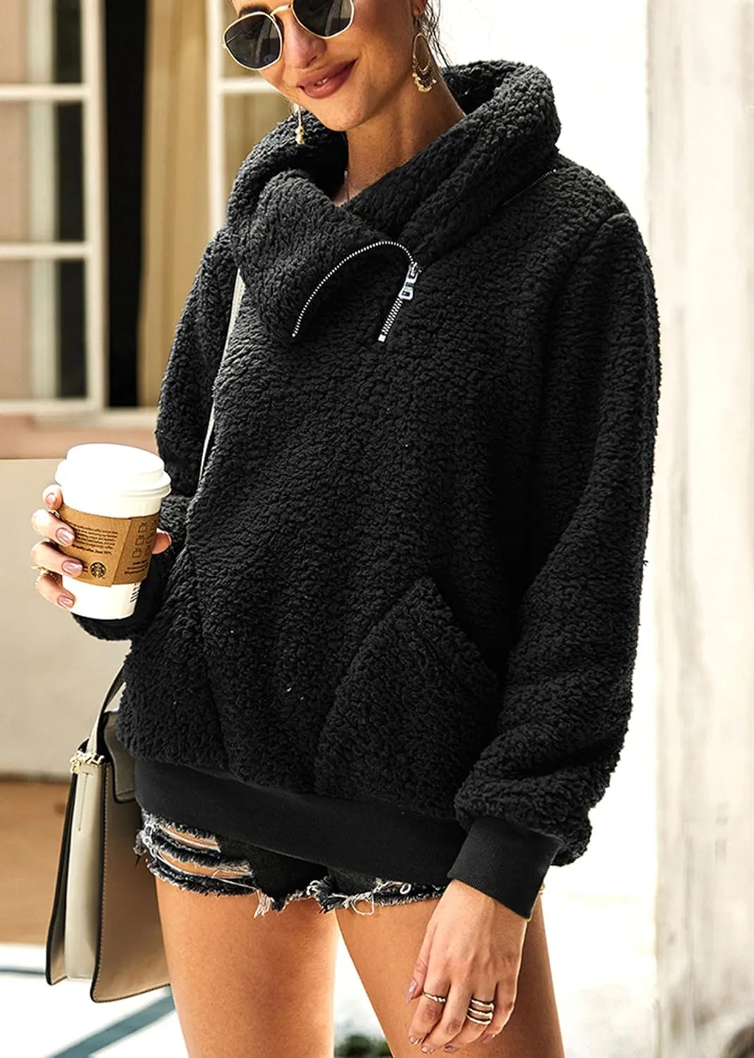 KIRUNDO Women's 2025 Winter Lapel Fuzzy Fleece Sweatshirt Faux Shearling Zipper Warm Sherpa Pullover Outwear With Pockets
