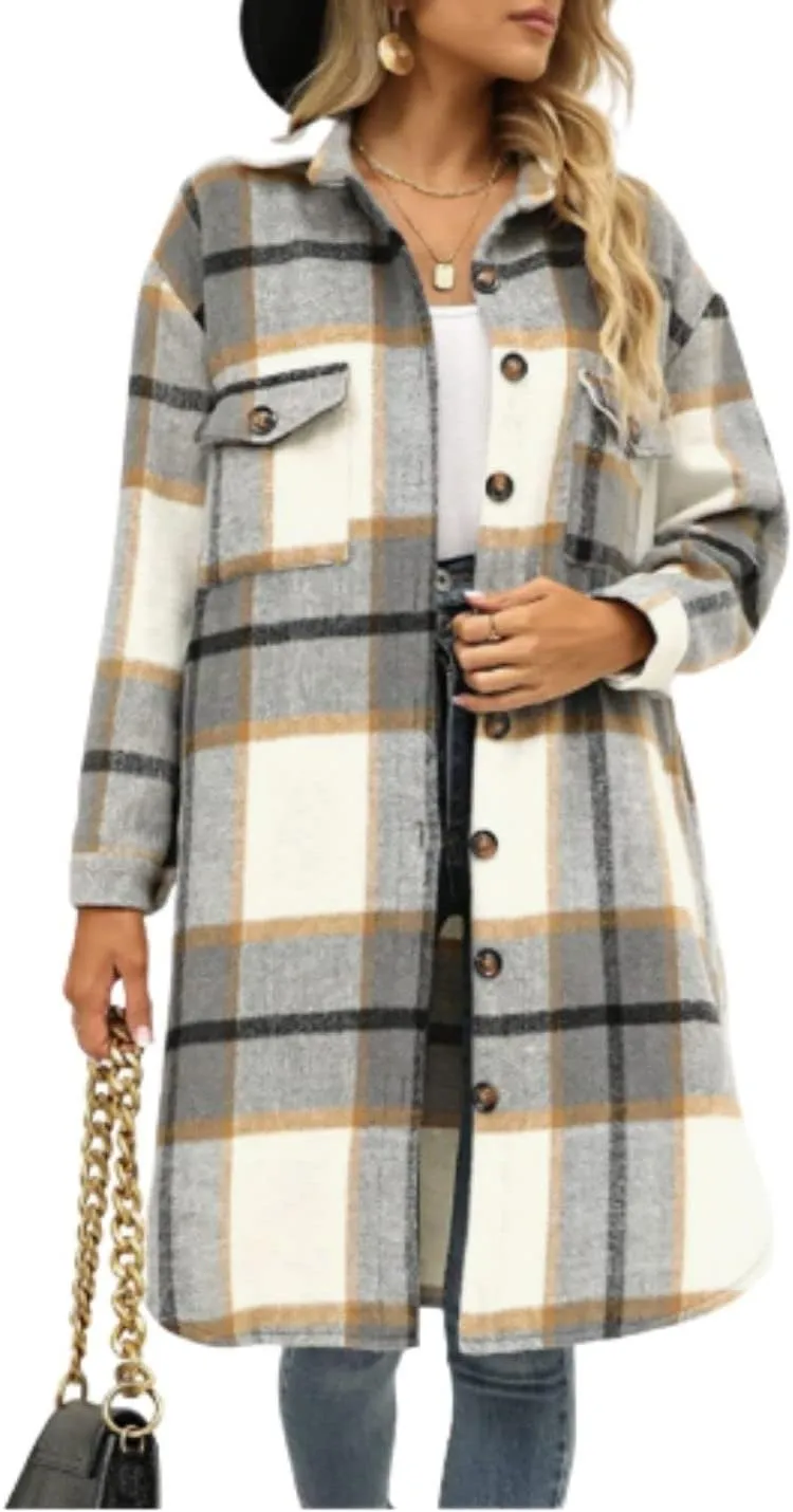 Kwoki Women's Long Plaid Shirt Jacket Casual Loose Fit Button Down Lapel Wool Blend Trench Coat Shackets