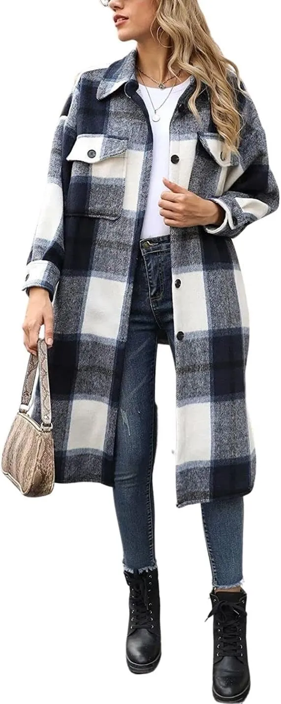 Kwoki Women's Long Plaid Shirt Jacket Casual Loose Fit Button Down Lapel Wool Blend Trench Coat Shackets