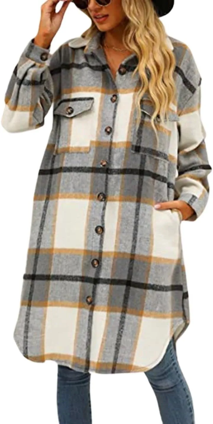 Kwoki Women's Long Plaid Shirt Jacket Casual Loose Fit Button Down Lapel Wool Blend Trench Coat Shackets