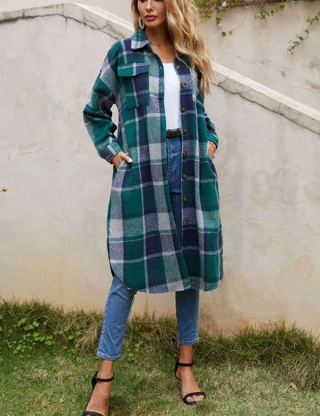 Kwoki Women's Long Plaid Shirt Jacket Casual Loose Fit Button Down Lapel Wool Blend Trench Coat Shackets