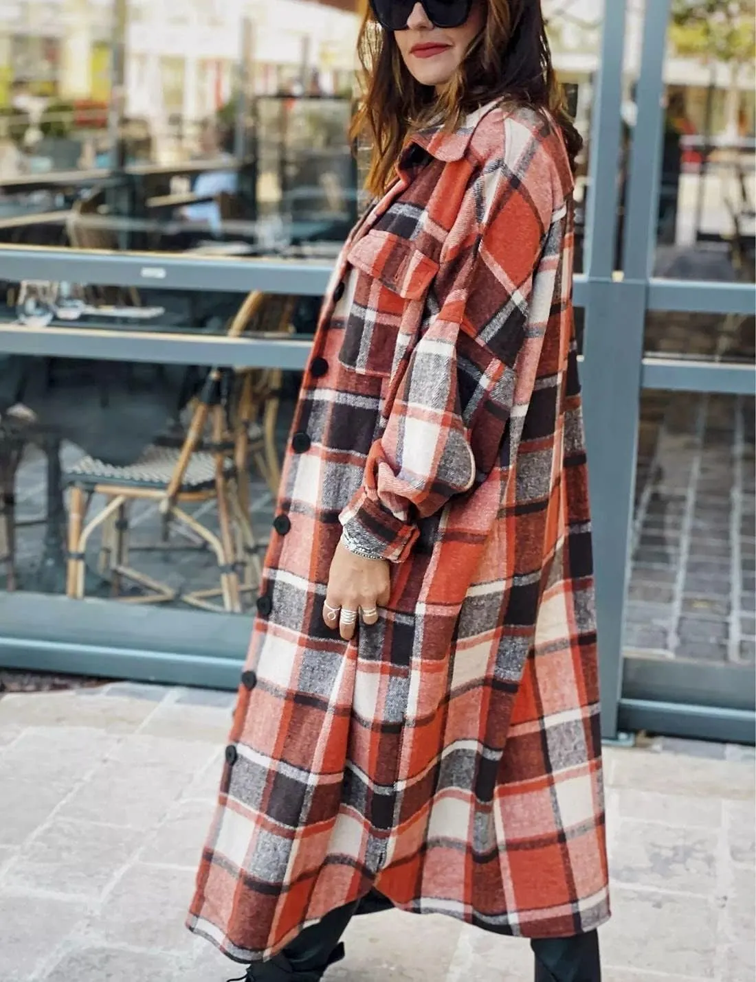 Kwoki Women's Long Plaid Shirt Jacket Casual Loose Fit Button Down Lapel Wool Blend Trench Coat Shackets