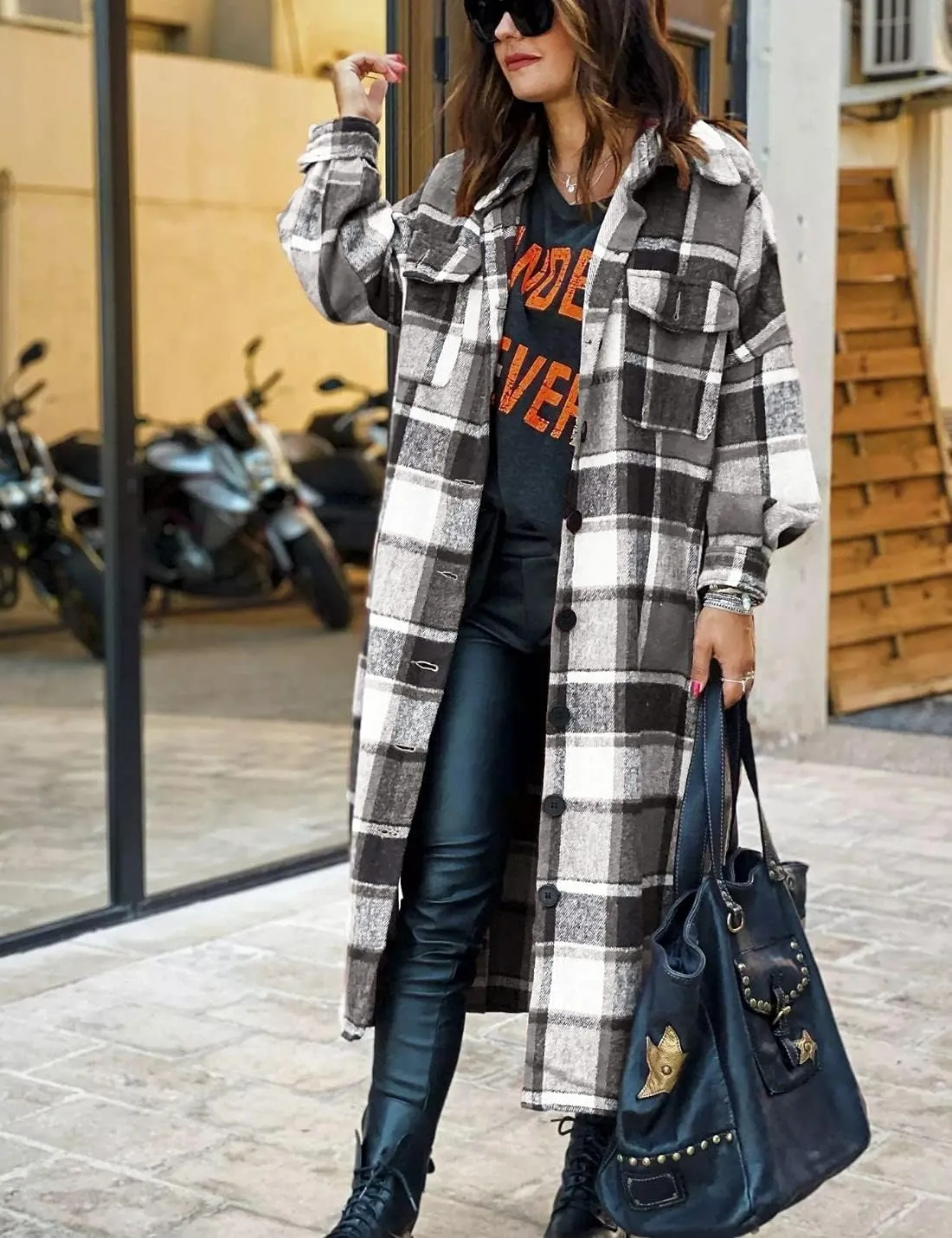 Kwoki Women's Long Plaid Shirt Jacket Casual Loose Fit Button Down Lapel Wool Blend Trench Coat Shackets