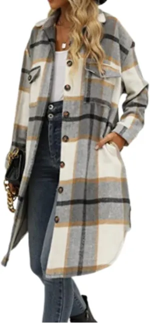 Kwoki Women's Long Plaid Shirt Jacket Casual Loose Fit Button Down Lapel Wool Blend Trench Coat Shackets