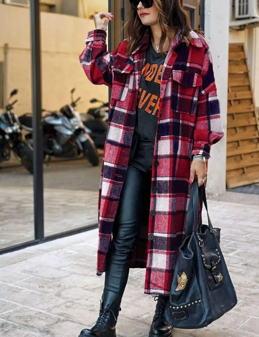 Kwoki Women's Long Plaid Shirt Jacket Casual Loose Fit Button Down Lapel Wool Blend Trench Coat Shackets