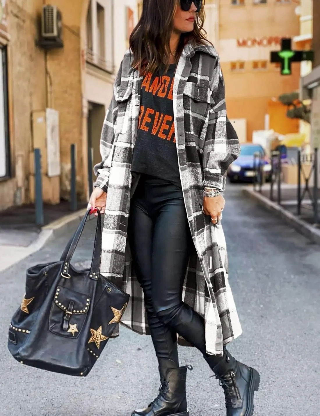Kwoki Women's Long Plaid Shirt Jacket Casual Loose Fit Button Down Lapel Wool Blend Trench Coat Shackets