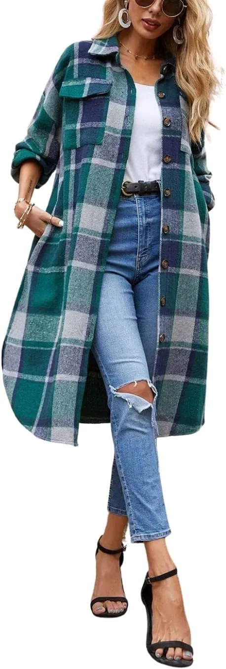 Kwoki Women's Long Plaid Shirt Jacket Casual Loose Fit Button Down Lapel Wool Blend Trench Coat Shackets