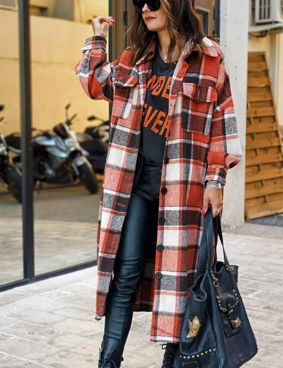 Kwoki Women's Long Plaid Shirt Jacket Casual Loose Fit Button Down Lapel Wool Blend Trench Coat Shackets