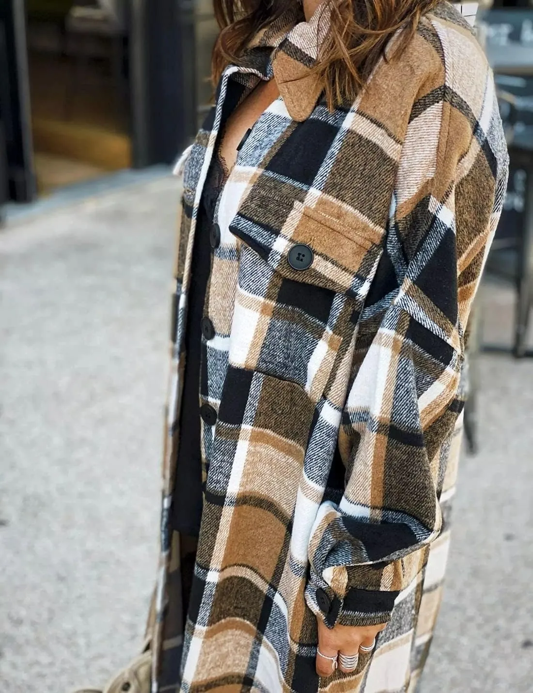 Kwoki Women's Long Plaid Shirt Jacket Casual Loose Fit Button Down Lapel Wool Blend Trench Coat Shackets