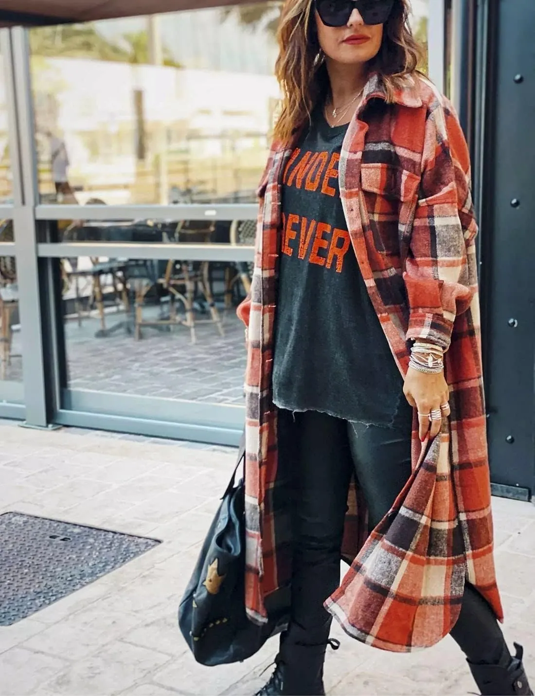 Kwoki Women's Long Plaid Shirt Jacket Casual Loose Fit Button Down Lapel Wool Blend Trench Coat Shackets