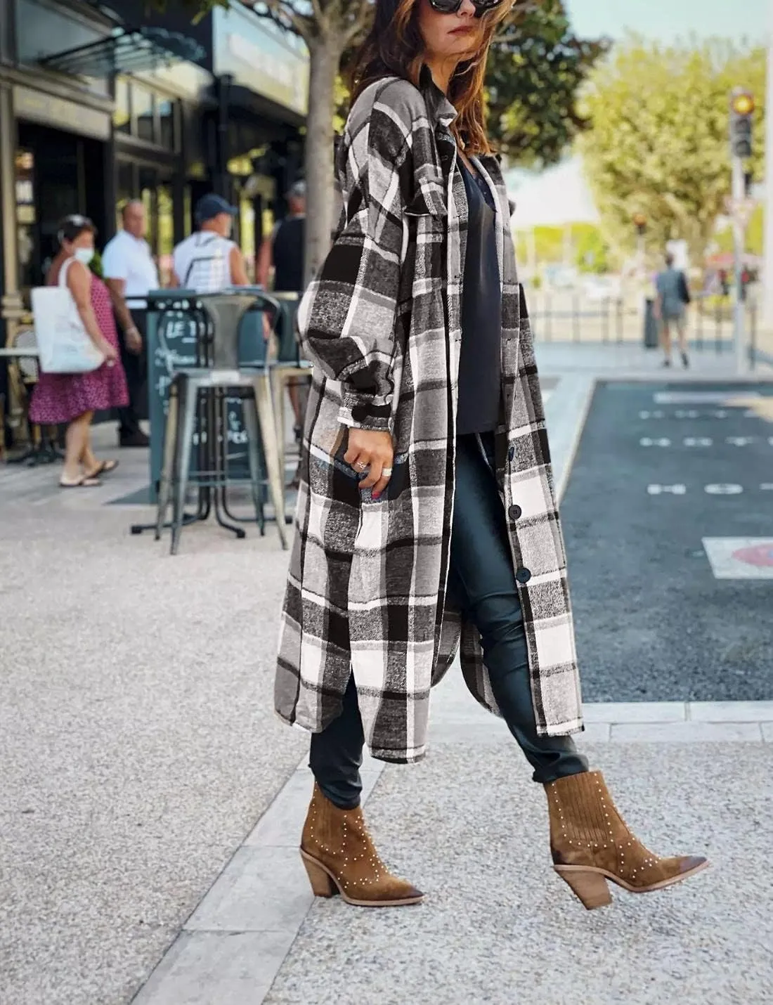Kwoki Women's Long Plaid Shirt Jacket Casual Loose Fit Button Down Lapel Wool Blend Trench Coat Shackets