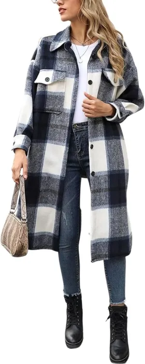 Kwoki Women's Long Plaid Shirt Jacket Casual Loose Fit Button Down Lapel Wool Blend Trench Coat Shackets