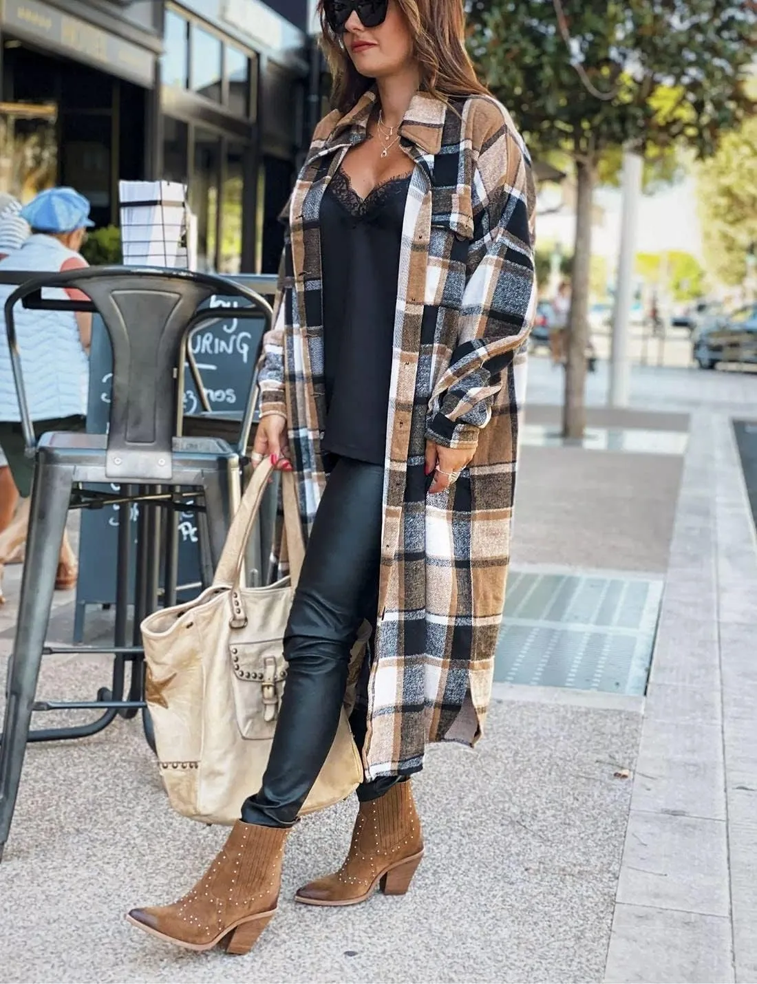 Kwoki Women's Long Plaid Shirt Jacket Casual Loose Fit Button Down Lapel Wool Blend Trench Coat Shackets