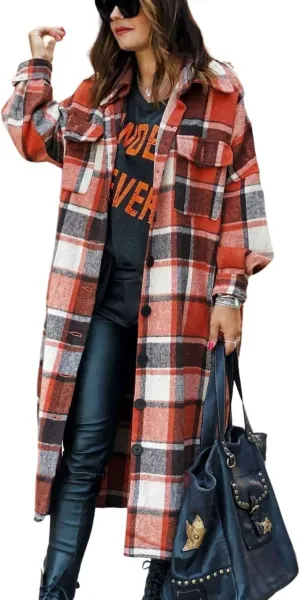 Kwoki Women's Long Plaid Shirt Jacket Casual Loose Fit Button Down Lapel Wool Blend Trench Coat Shackets
