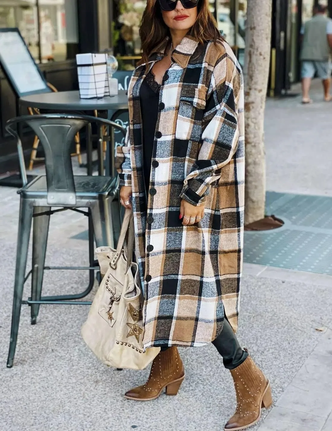 Kwoki Women's Long Plaid Shirt Jacket Casual Loose Fit Button Down Lapel Wool Blend Trench Coat Shackets