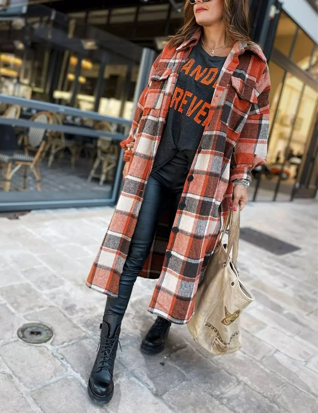 Kwoki Women's Long Plaid Shirt Jacket Casual Loose Fit Button Down Lapel Wool Blend Trench Coat Shackets