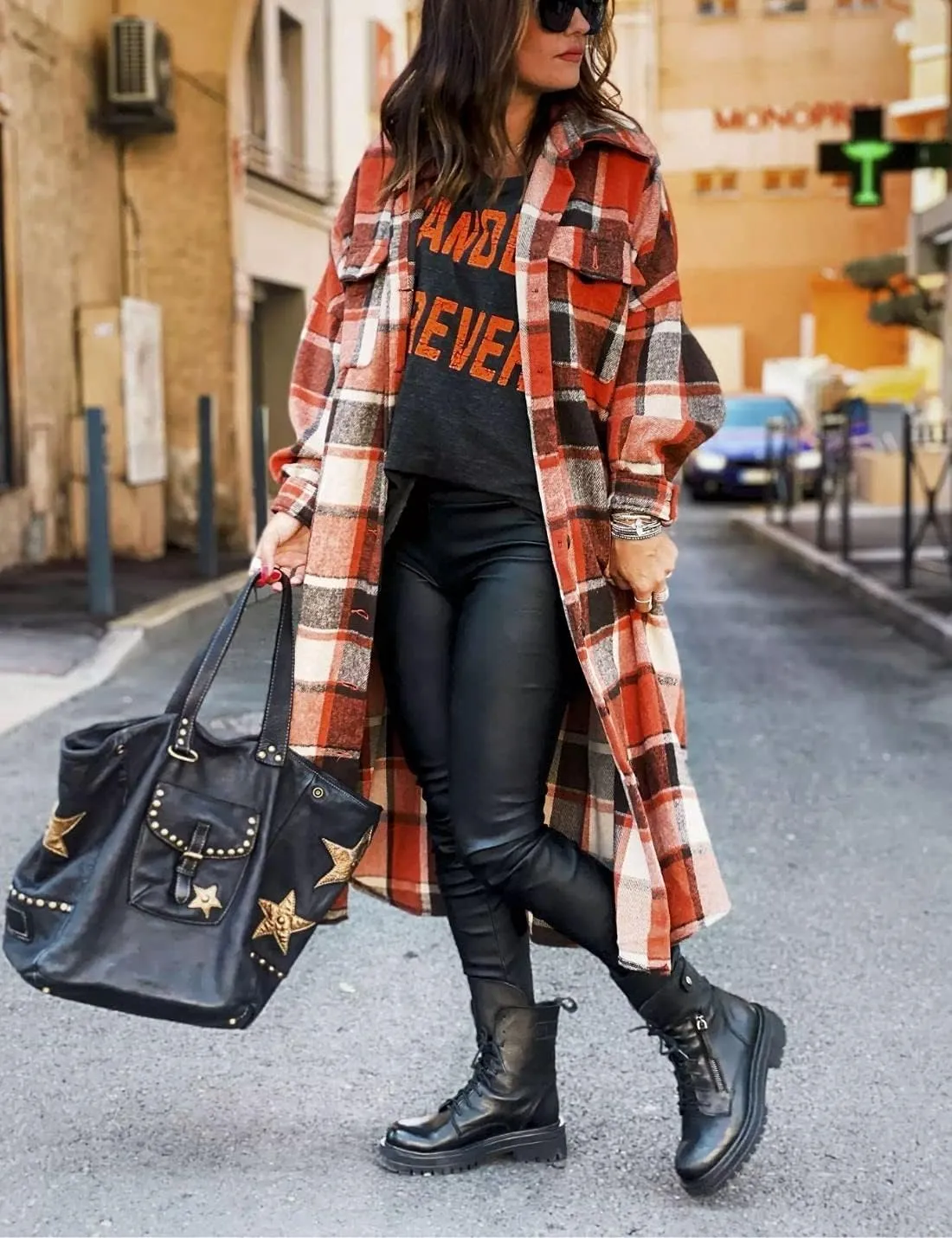 Kwoki Women's Long Plaid Shirt Jacket Casual Loose Fit Button Down Lapel Wool Blend Trench Coat Shackets