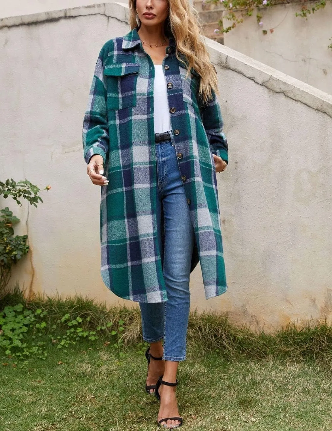 Kwoki Women's Long Plaid Shirt Jacket Casual Loose Fit Button Down Lapel Wool Blend Trench Coat Shackets