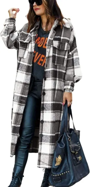 Kwoki Women's Long Plaid Shirt Jacket Casual Loose Fit Button Down Lapel Wool Blend Trench Coat Shackets