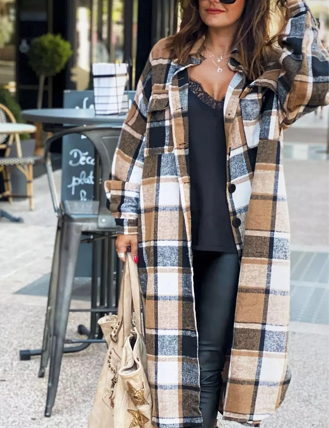 Kwoki Women's Long Plaid Shirt Jacket Casual Loose Fit Button Down Lapel Wool Blend Trench Coat Shackets