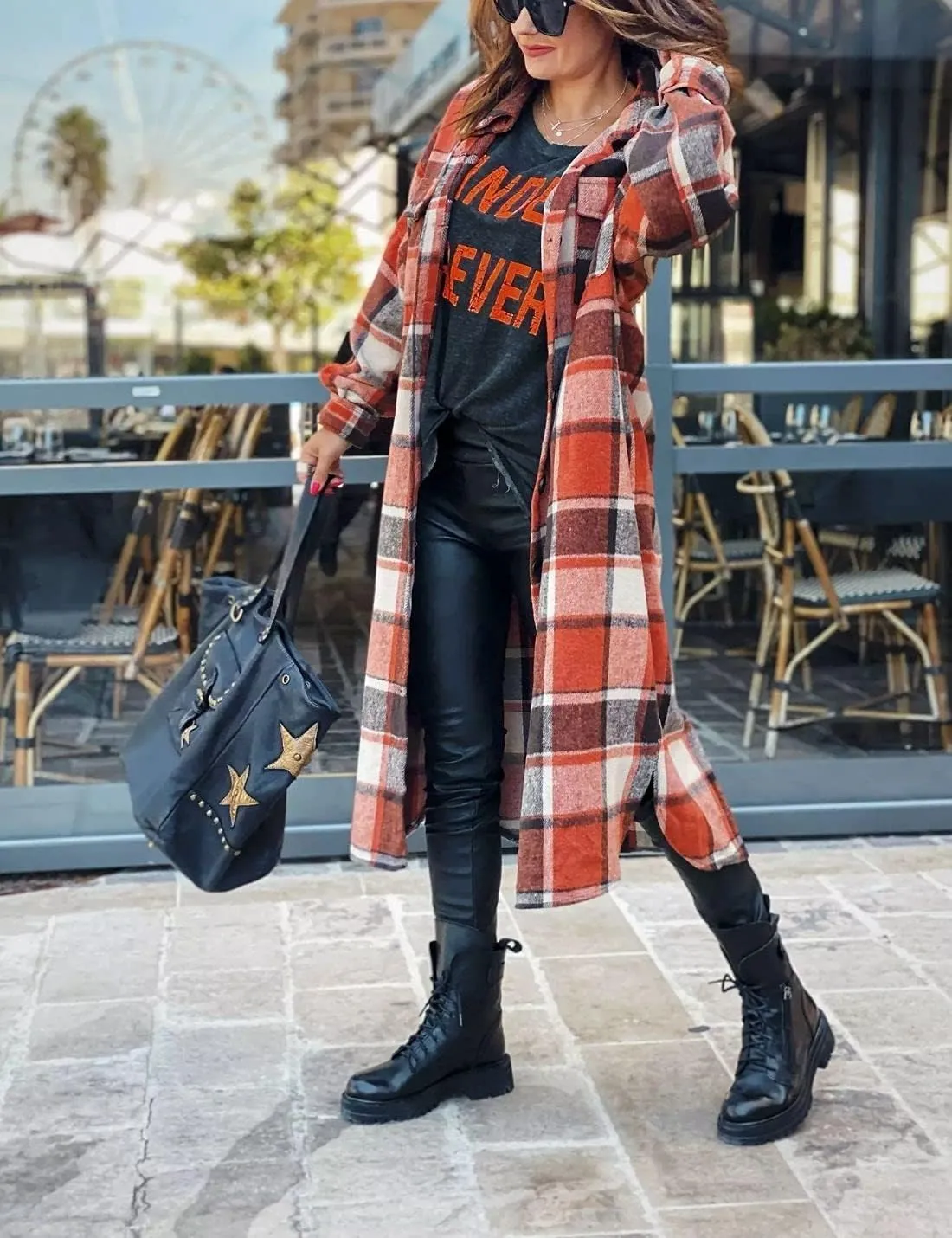 Kwoki Women's Long Plaid Shirt Jacket Casual Loose Fit Button Down Lapel Wool Blend Trench Coat Shackets