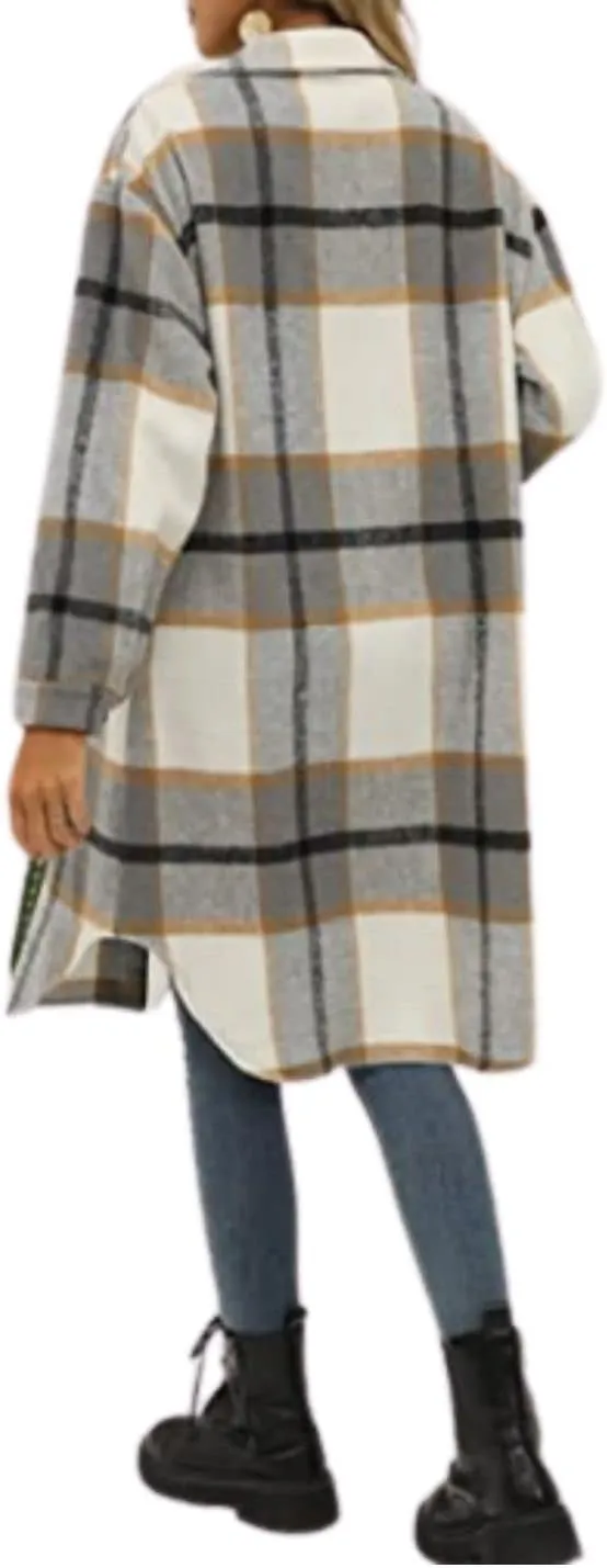 Kwoki Women's Long Plaid Shirt Jacket Casual Loose Fit Button Down Lapel Wool Blend Trench Coat Shackets